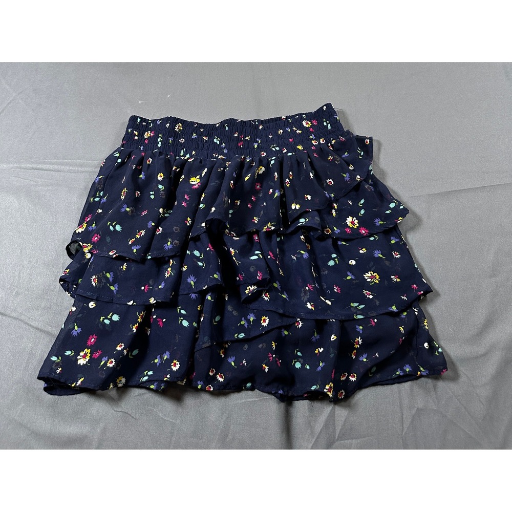 American Eagle Navy Floral Tiered Ruffle Mini Skirt Smocked Waist Size Medium